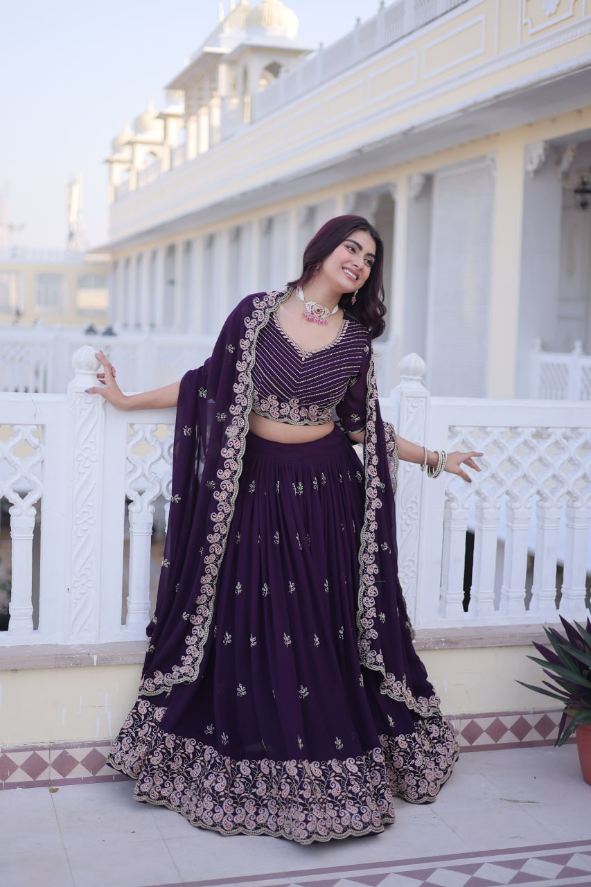 Purple Color Faux Blooming Zari And Sequence Work Lehenga Choli