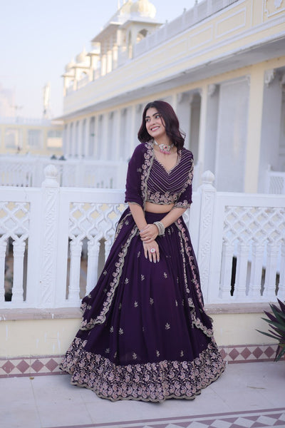 Purple Color Faux Blooming Zari And Sequence Work Lehenga Choli