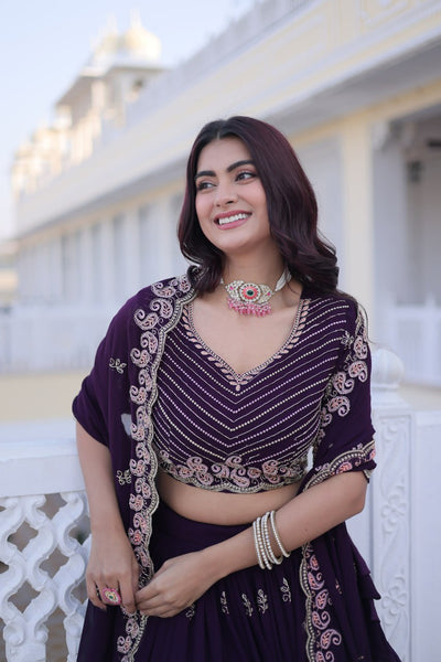 Purple Color Faux Blooming Zari And Sequence Work Lehenga Choli