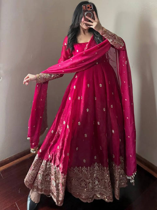 Red Color Fandy Silk With Embroidery And Sequence Work Anarkali Suit