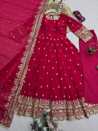 Red Color Fandy Silk With Embroidery And Sequence Work Anarkali Suit