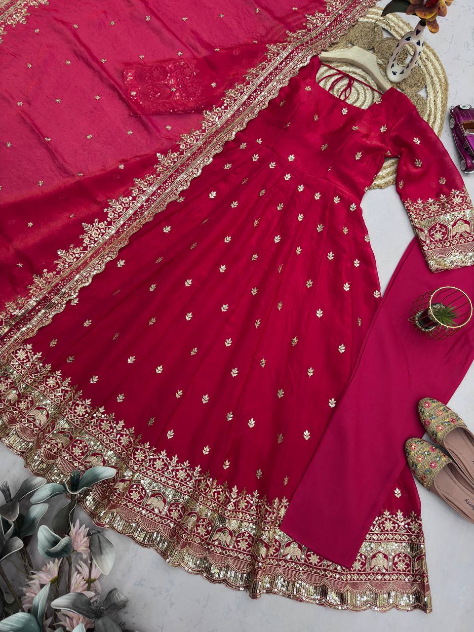Red Color Fandy Silk With Embroidery And Sequence Work Anarkali Suit