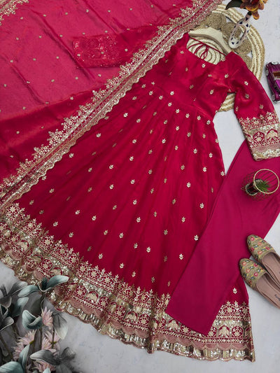 Red Color Fandy Silk With Embroidery And Sequence Work Anarkali Suit