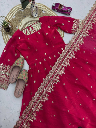 Red Color Fandy Silk With Embroidery And Sequence Work Anarkali Suit