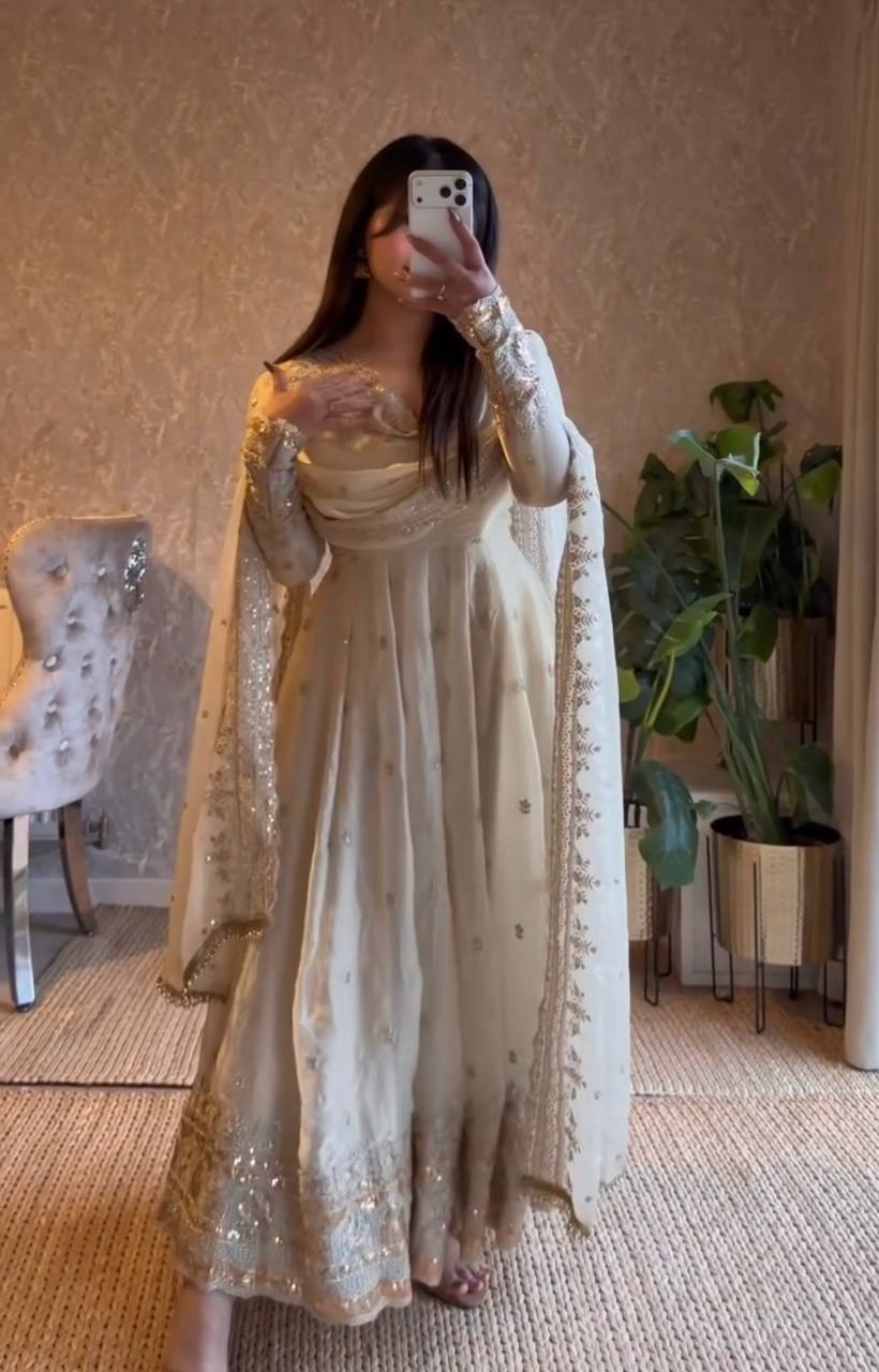 Cream Color Embroidery With Sequence Work Anarkali Gown With Dupatta