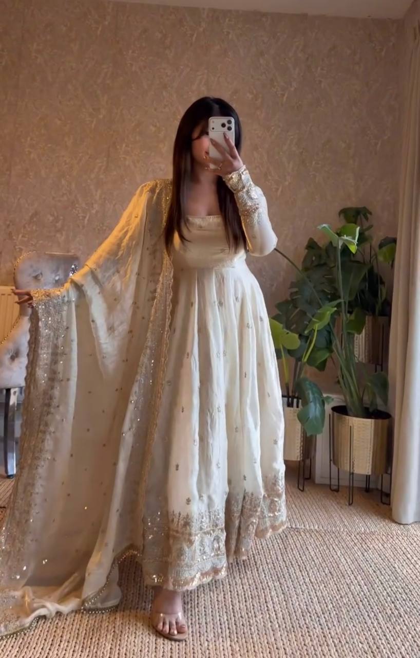 Cream Color Embroidery With Sequence Work Anarkali Gown With Dupatta