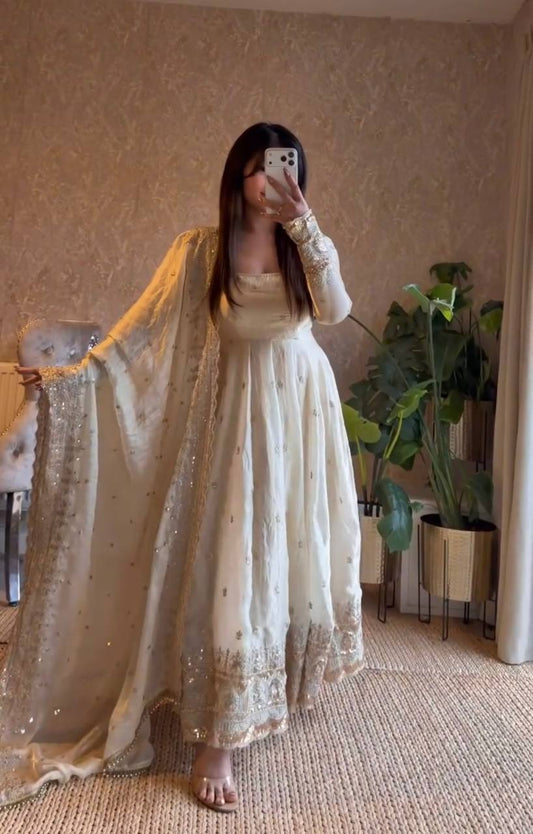 Cream Color Embroidery With Sequence Work Anarkali Gown With Dupatta
