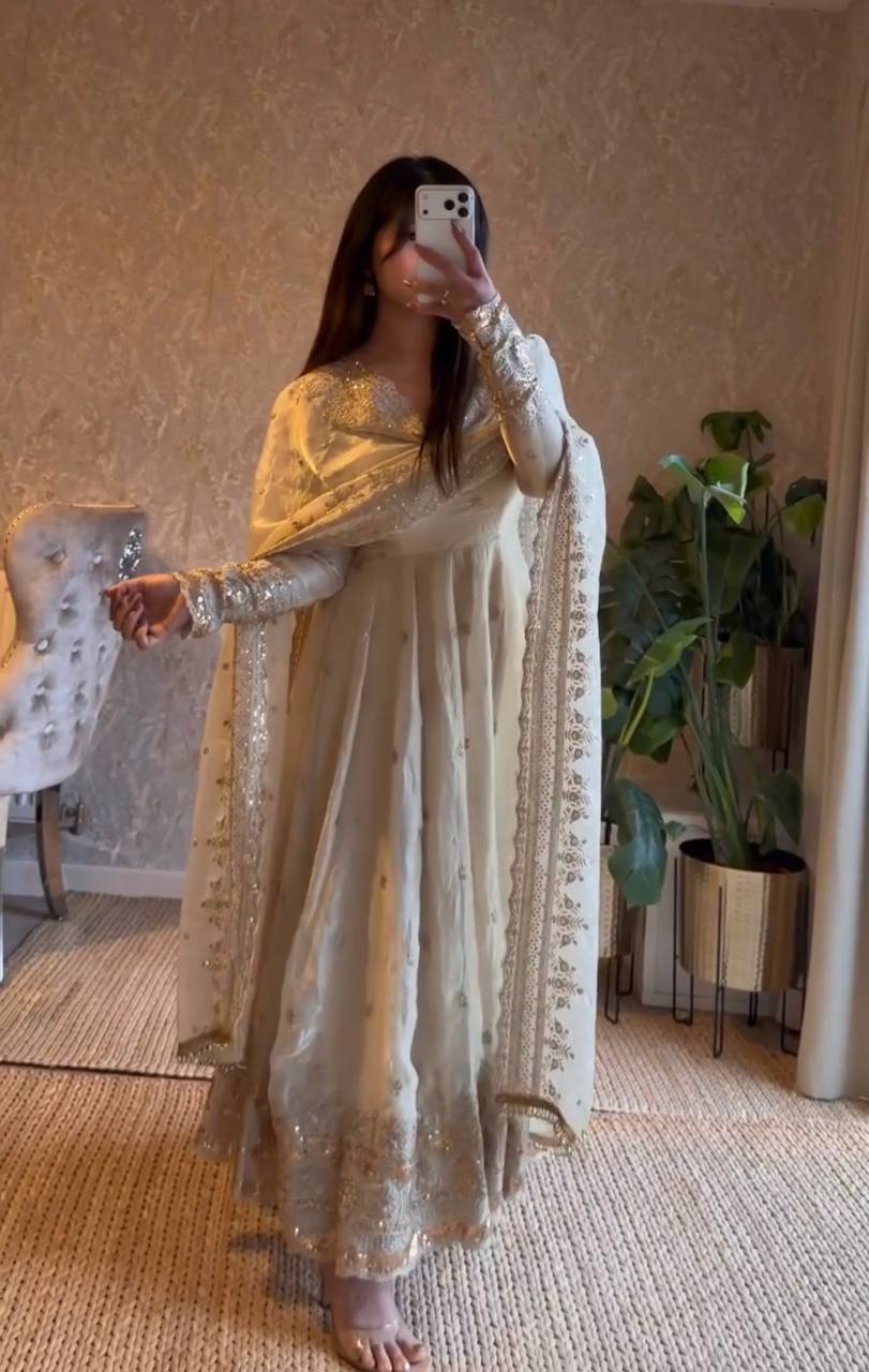 Cream Color Embroidery With Sequence Work Anarkali Gown With Dupatta