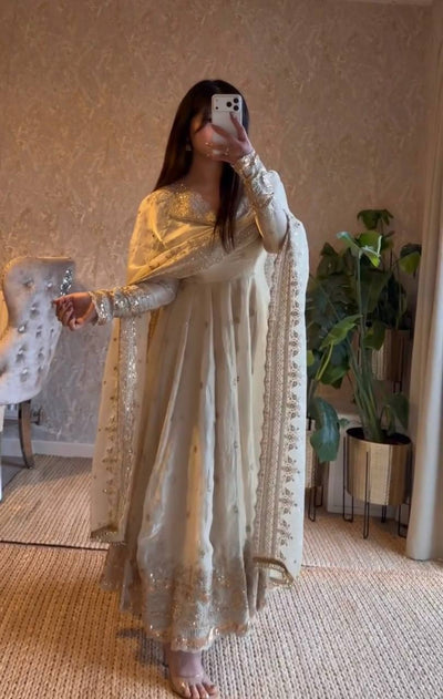 Cream Color Embroidery With Sequence Work Anarkali Gown With Dupatta
