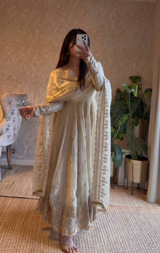 Cream Color Embroidery With Sequence Work Anarkali Gown With Dupatta