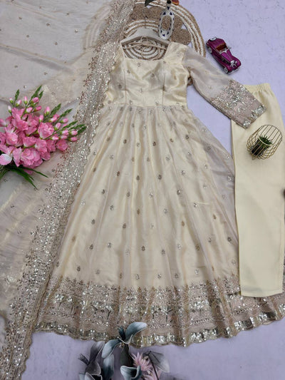 Cream Color Embroidery With Sequence Work Anarkali Gown With Dupatta