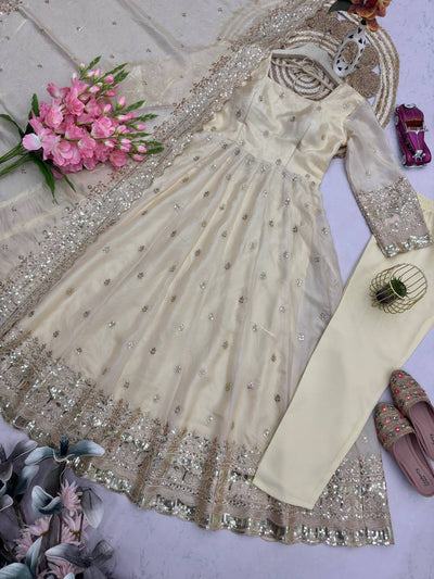 Cream Color Embroidery With Sequence Work Anarkali Gown With Dupatta