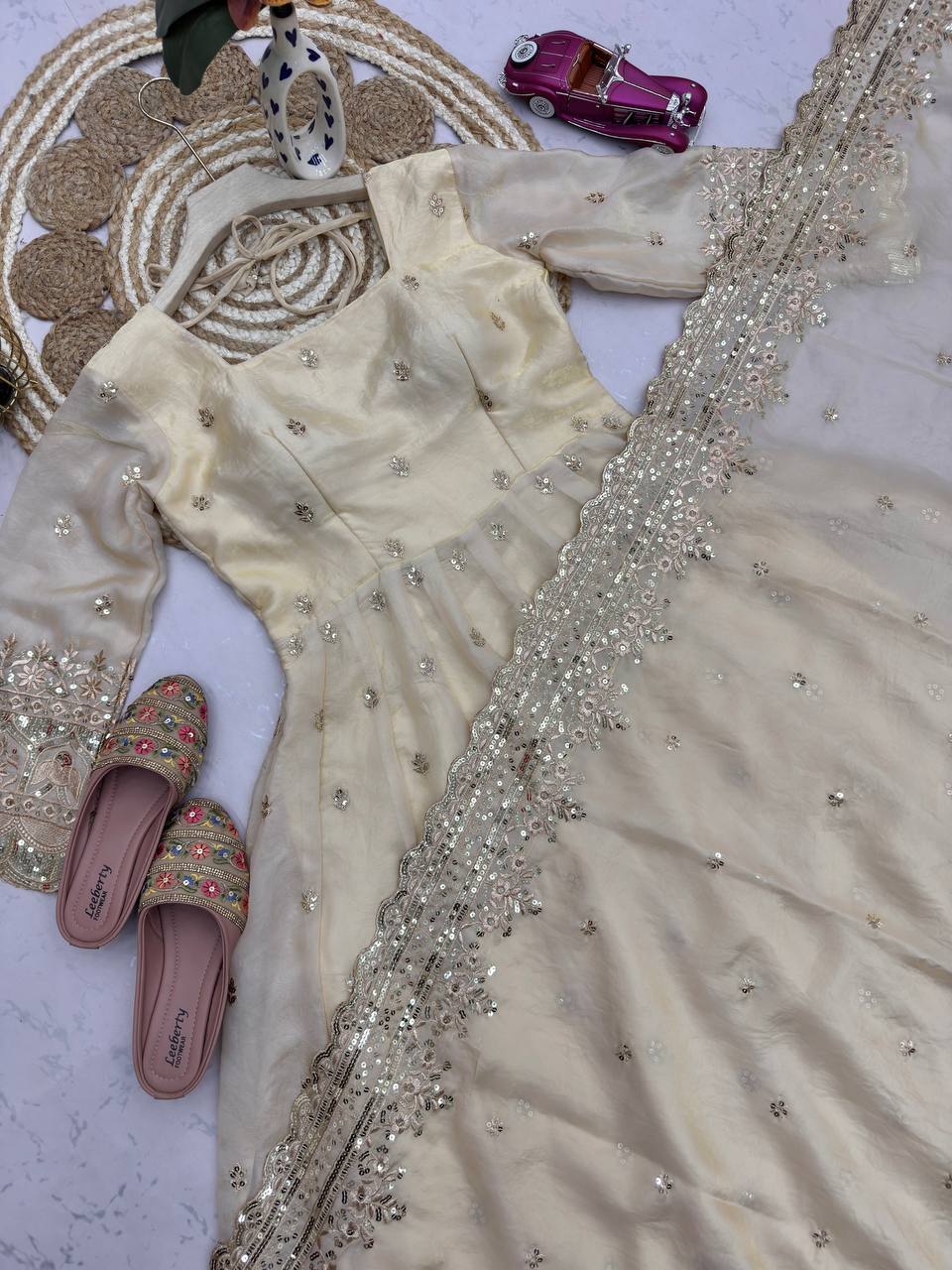 Cream Color Embroidery With Sequence Work Anarkali Gown With Dupatta