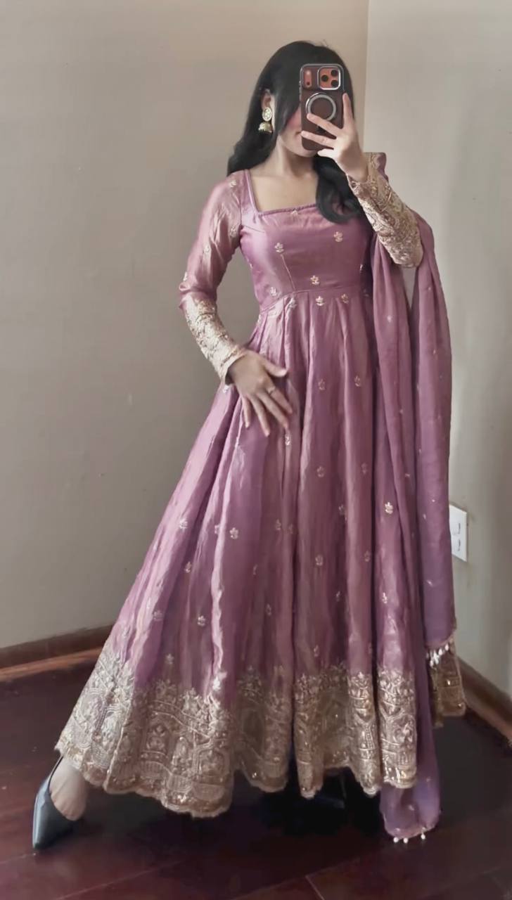 Pink Color Fandy Silk With Sequence Work Anarkali Gown With Dupatta