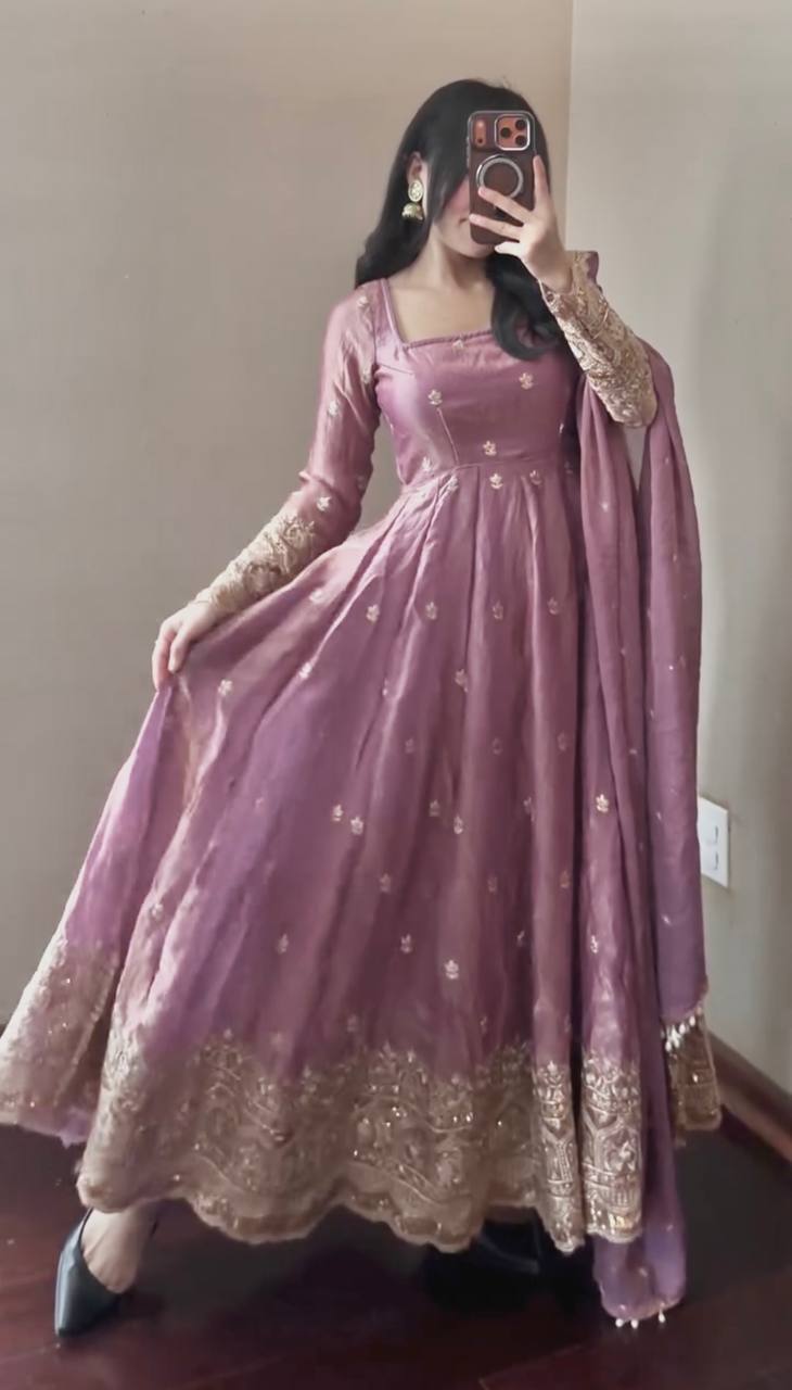 Pink Color Fandy Silk With Sequence Work Anarkali Gown With Dupatta
