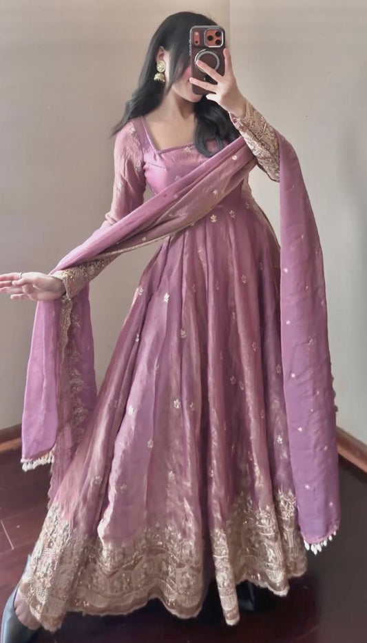 Pink Color Fandy Silk With Sequence Work Anarkali Gown With Dupatta