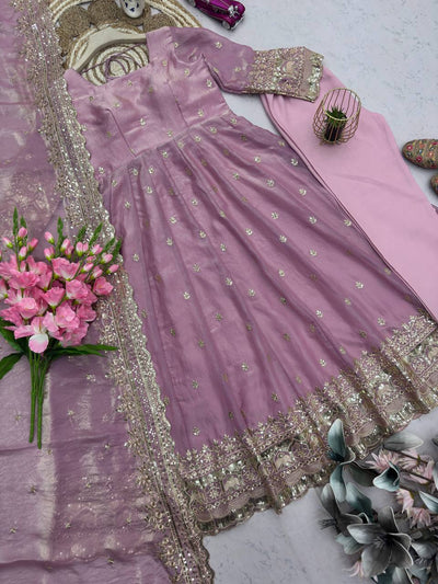 Pink Color Fandy Silk With Sequence Work Anarkali Gown With Dupatta