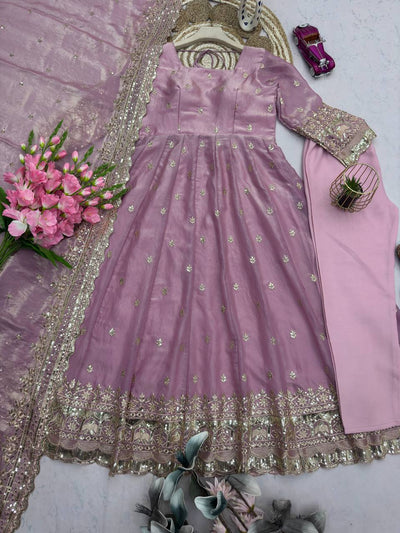Pink Color Fandy Silk With Sequence Work Anarkali Gown With Dupatta