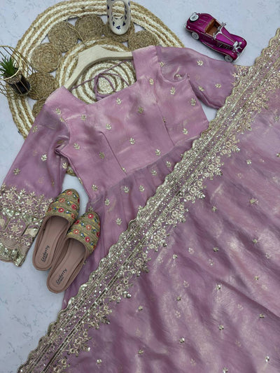 Pink Color Fandy Silk With Sequence Work Anarkali Gown With Dupatta