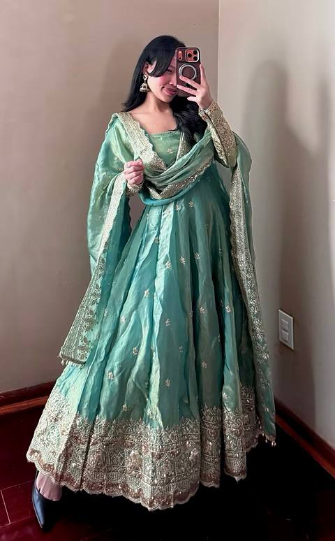 Sea Green Color Fandy Silk With Sequence Work Anarkali Suit