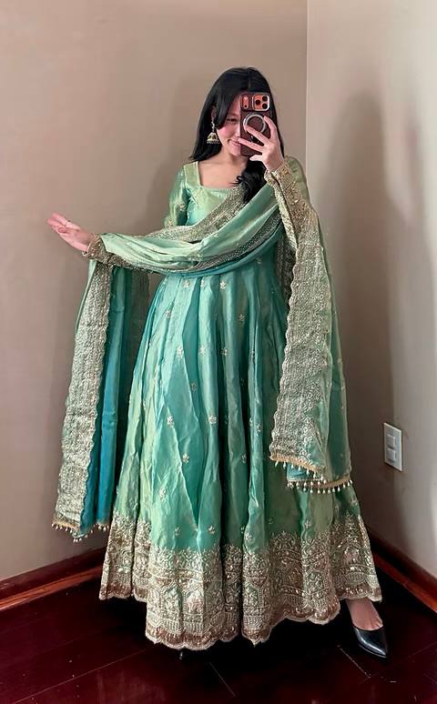 Sea Green Color Fandy Silk With Sequence Work Anarkali Suit