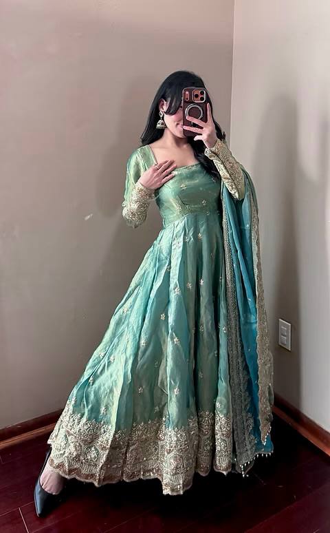 Sea Green Color Fandy Silk With Sequence Work Anarkali Suit