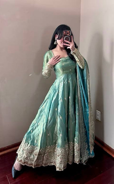 Sea Green Color Fandy Silk With Sequence Work Anarkali Suit