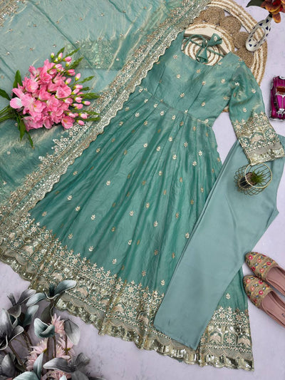 Sea Green Color Fandy Silk With Sequence Work Anarkali Suit