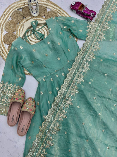 Sea Green Color Fandy Silk With Sequence Work Anarkali Suit