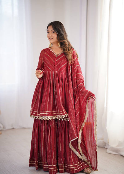 Adorable Maroon Red Color Mirror With Hand Work Sharara Suit