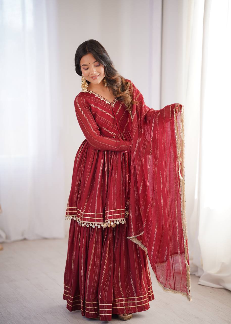 Adorable Maroon Red Color Mirror With Hand Work Sharara Suit