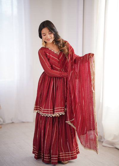 Adorable Maroon Red Color Mirror With Hand Work Sharara Suit