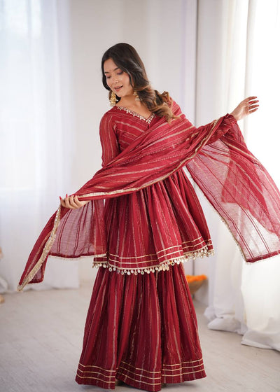 Adorable Maroon Red Color Mirror With Hand Work Sharara Suit