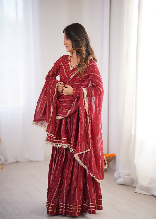 Adorable Maroon Red Color Mirror With Hand Work Sharara Suit