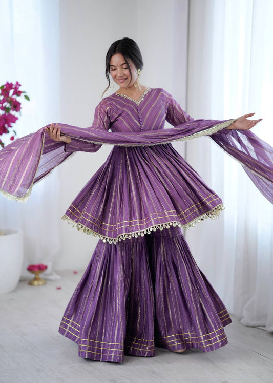 Classy Purple Color Chanderi Silk Real Mirror With Hand Work Sharara Suit