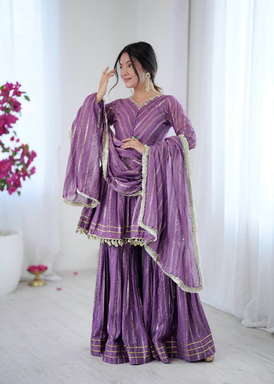Classy Purple Color Chanderi Silk Real Mirror With Hand Work Sharara Suit