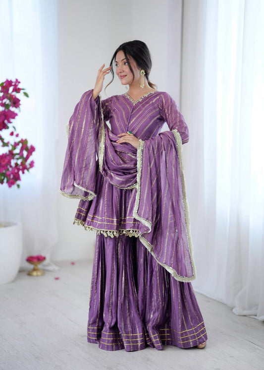 Classy Purple Color Chanderi Silk Real Mirror With Hand Work Sharara Suit