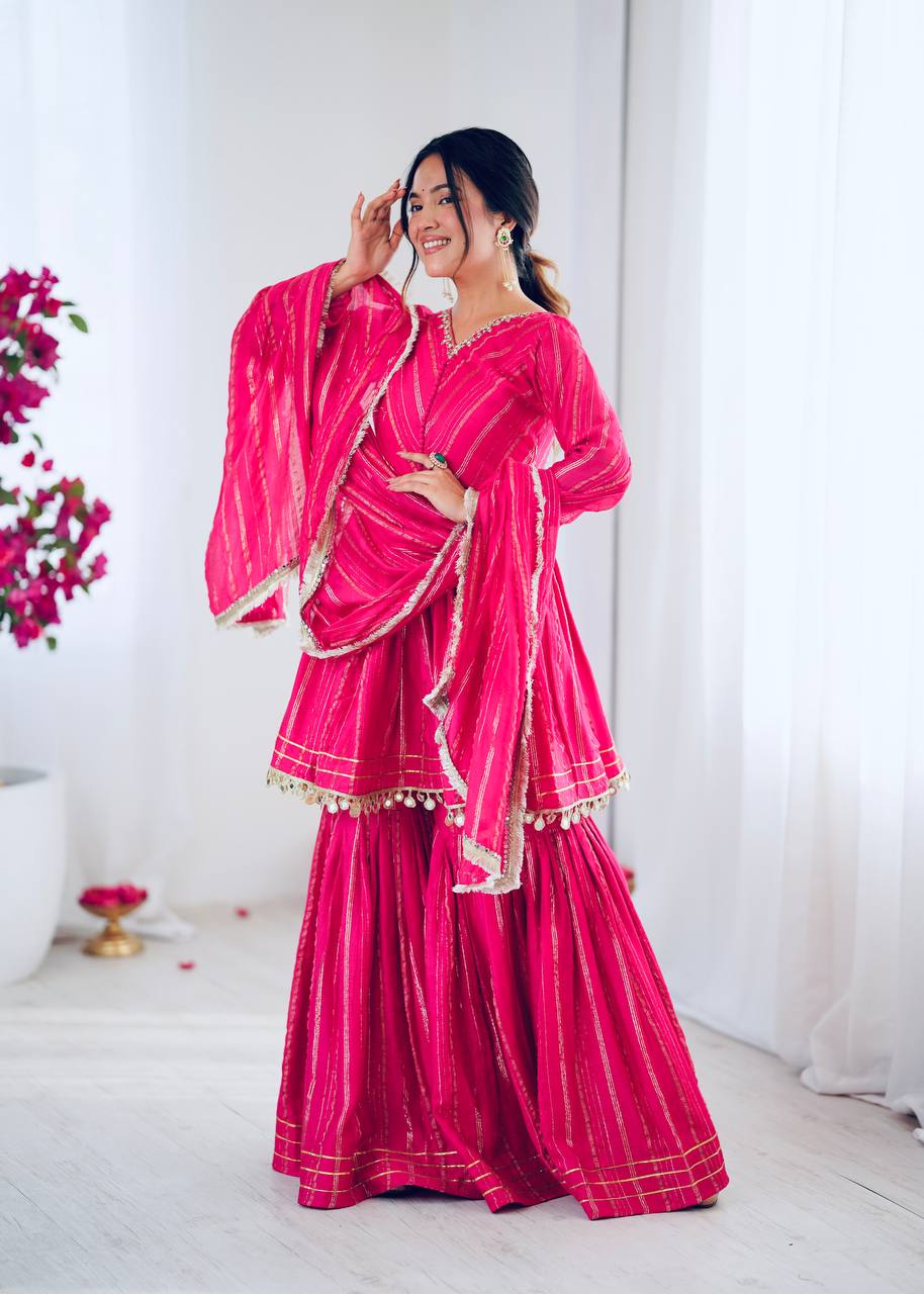 Designer Pink Color Mirror And Hand Work Sharara Suit For Women