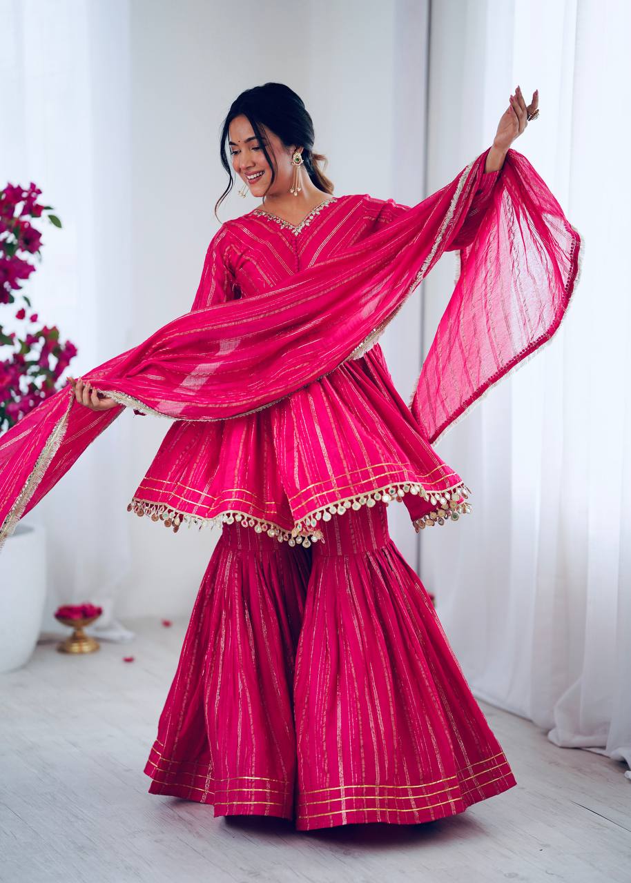 Designer Pink Color Mirror And Hand Work Sharara Suit For Women