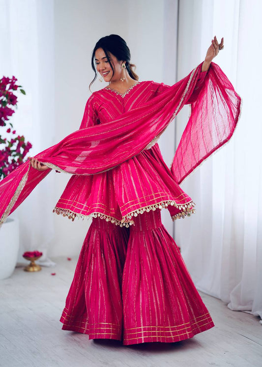Designer Pink Color Mirror And Hand Work Sharara Suit For Women