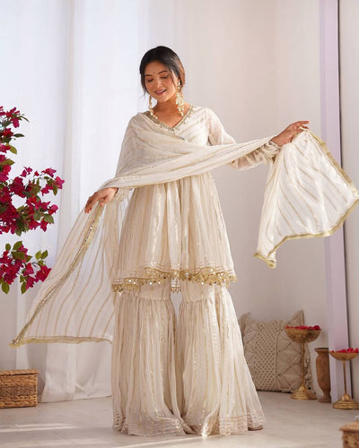 Beautiful White Color Chanderi Silk With Real Mirror Work Sharara Suit