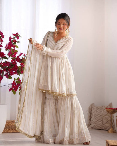 Beautiful White Color Chanderi Silk With Real Mirror Work Sharara Suit