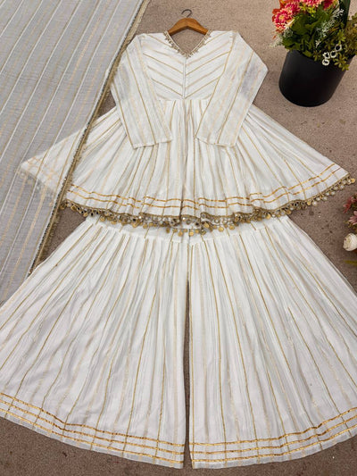 Beautiful White Color Chanderi Silk With Real Mirror Work Sharara Suit