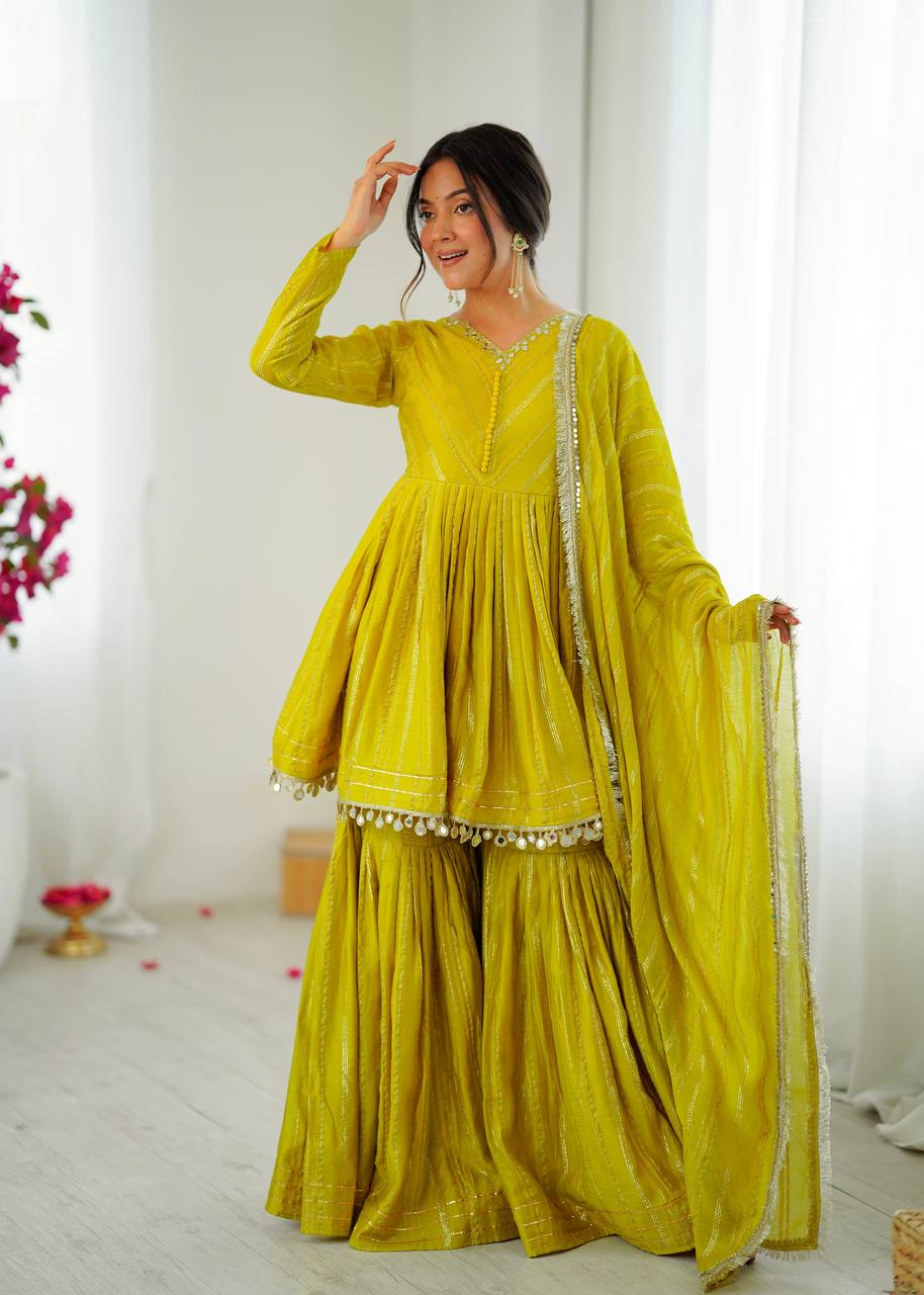 Parrot Green Color Chanderi Silk With Real Mirror Work Sharara Suit