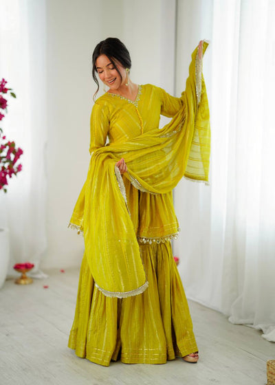 Parrot Green Color Chanderi Silk With Real Mirror Work Sharara Suit