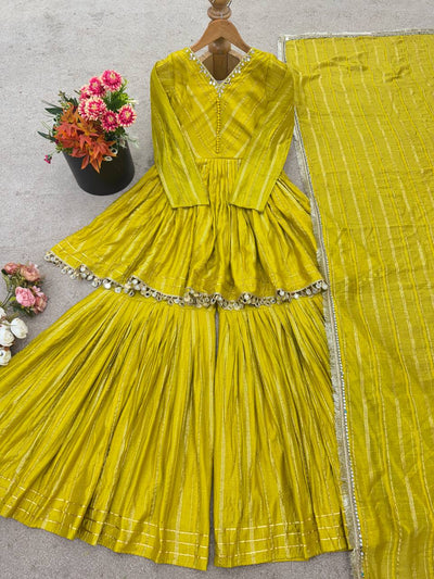 Parrot Green Color Chanderi Silk With Real Mirror Work Sharara Suit