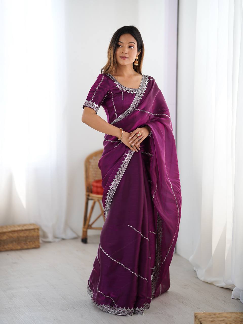 Party Wear Purple Color Jimmy Chu Silk Wear Saree For Women