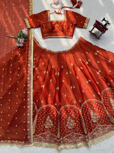 Wedding Wear Dark Orange Color Sequence With Thread Work Lehenga Choli