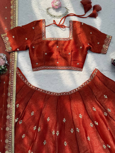 Wedding Wear Dark Orange Color Sequence With Thread Work Lehenga Choli