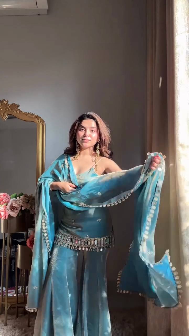 Sky Blue Color Fandy Silk With Sequence Work Sharara Suit For Wedding